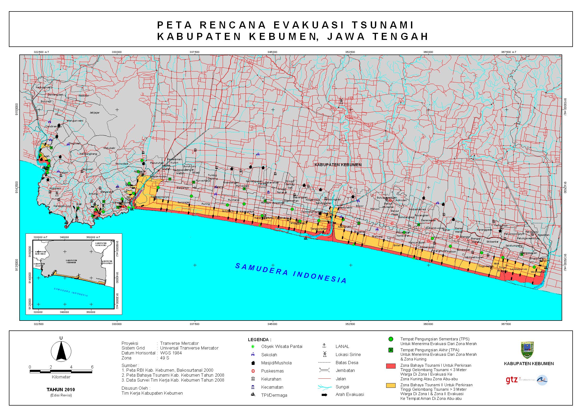 Peta Evakuasi Tsunami Kab. Kebumen. Adanya cemara udang bisa menjadi penghadang tsunami masuk lebih dalam ke daratan. http://www.gitews.org